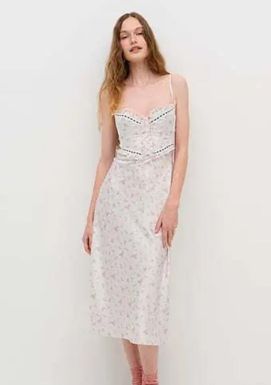 For Love & Lemons Sabrina Midi Slip Dress White Pink Roses XL Corset